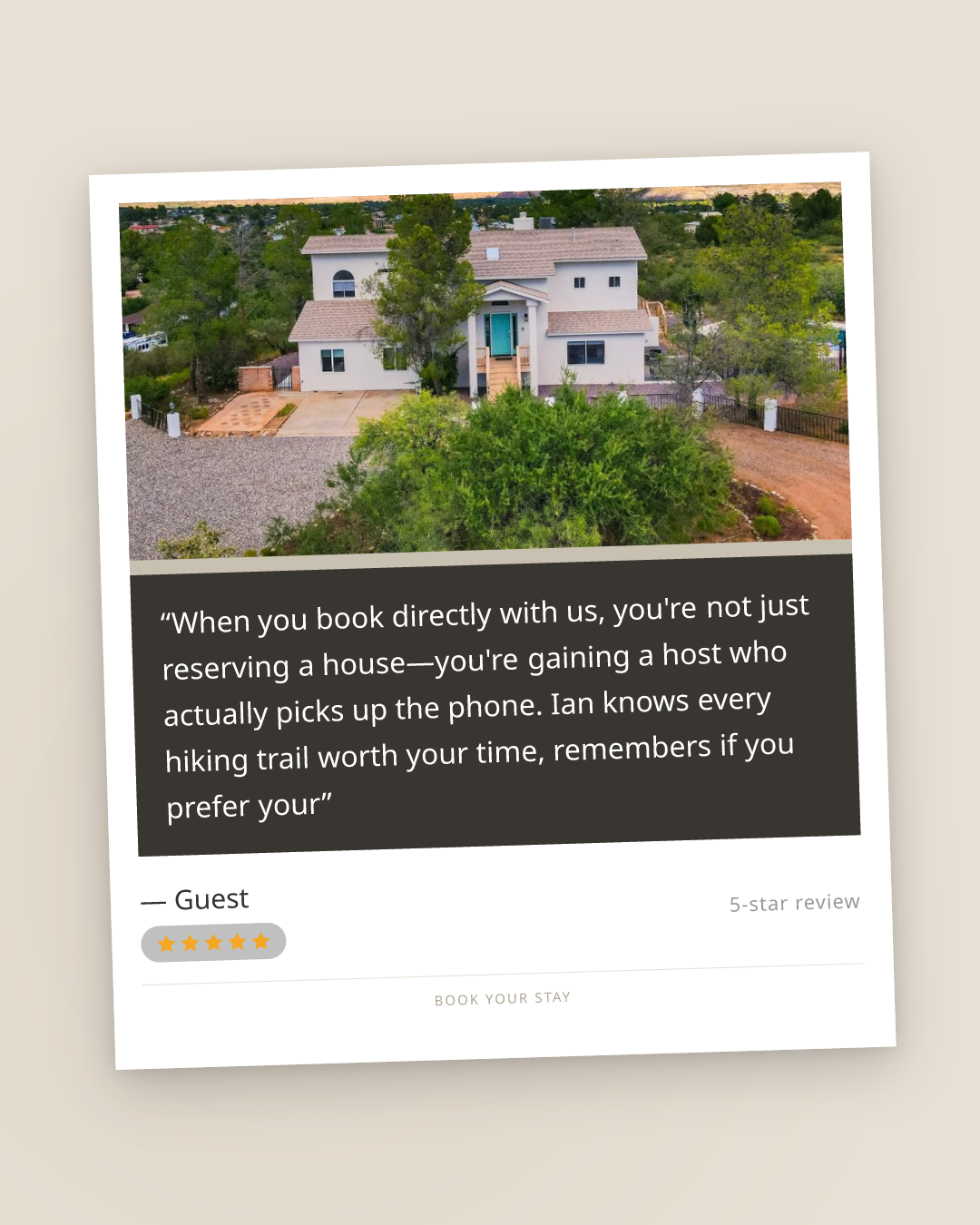 When you book direct, you're not just renting a house—you're getting Ian's personal touch.
Last month, a family arrived stressed about their teenager's dietary needs. Ian had already texted restaurant recommendations that actually fit their requirements. Another group wanted a late checkout for their flight home. Done—no rigid corporate policies, just a host who wants you to have the trip you came for.
That's the difference between booking through layers of third parties and working directly with someone who actually lives by your experience. You get flexibility. Local knowledge. Real answers in real time. A welcome that feels genuine because it is.
From your morning coffee on the deck overlooking Sedona's red rocks to evening swims in the heated pool, every detail here is designed for groups who want space, comfort, and zero stress. The kitchen is fully stocked. The beds are ridiculously comfortable. There's room for everyone to spread out—yet still gather.
Book directly at https://www.yalloha.com/go/b9b5759e and get the full story of what makes this place home away from home.
What matters most to you when you're traveling with your crew—the space to decompress or the time together?
#sedonaarizona #cottonwoodarizona #arizonavacation #arizonahiking #arizonawinetrail #girlstriplocation #arizonastacation #arizonastateparks #arizonadaily #arizonasunsets #arizonabucketlist #arizonaadventures